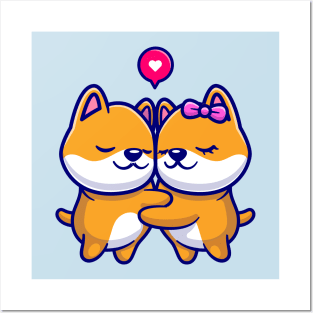 Cute Shiba Inu Couple Hugging Cartoon Posters and Art